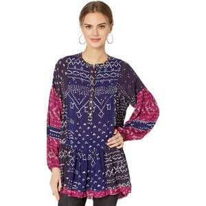 Free People Women Large Shibori Tunic Tiered Festival Blue Boho Lagenlook Drapey